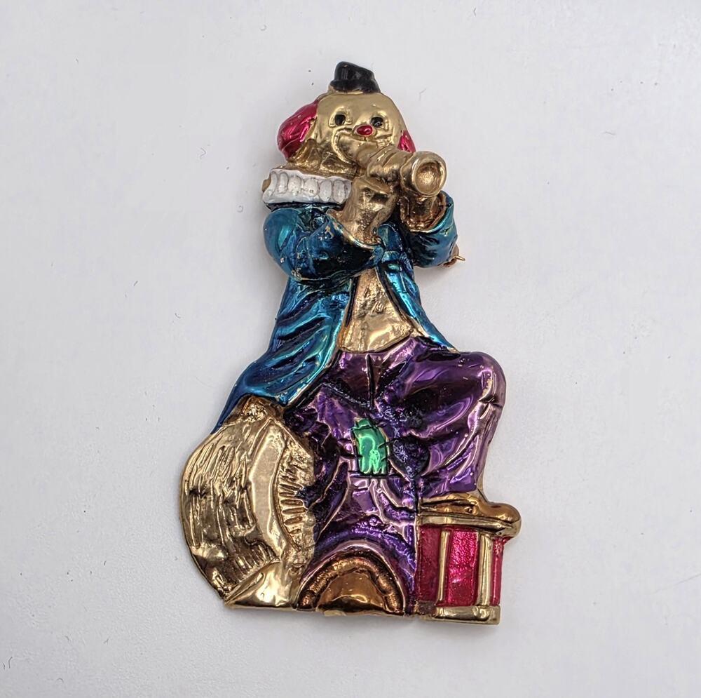 Vintage Signed ELLE Enamel Clown Musician Brooch Pin – Colorful Trumpet Player
